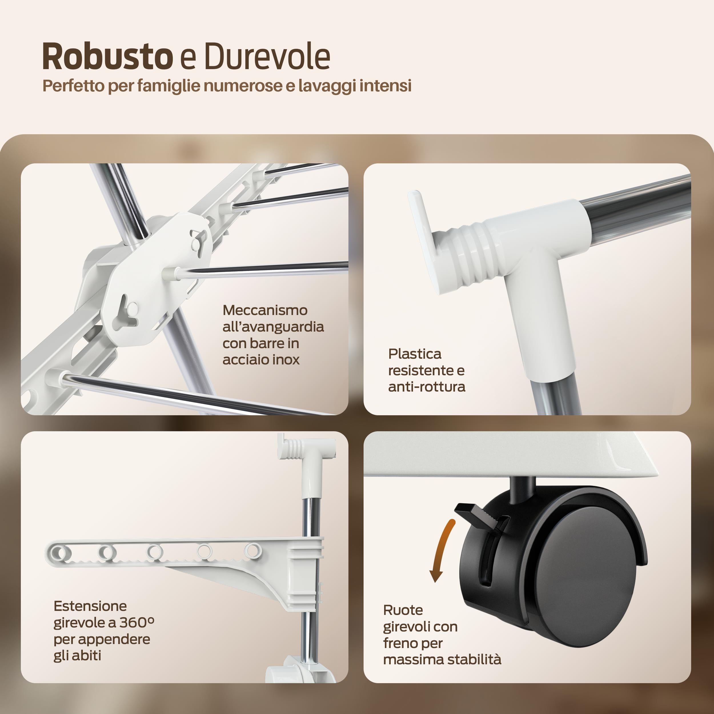 PORTENTUM Stendino verticale salvaspazio pieghevole 14 cm 5 livelli – 58 ganci per appendini – Fino a 40 kg – Stendibiancheria 24 barre acciaio inox – Uso interno ed esterno – Ruote girevoli con freno