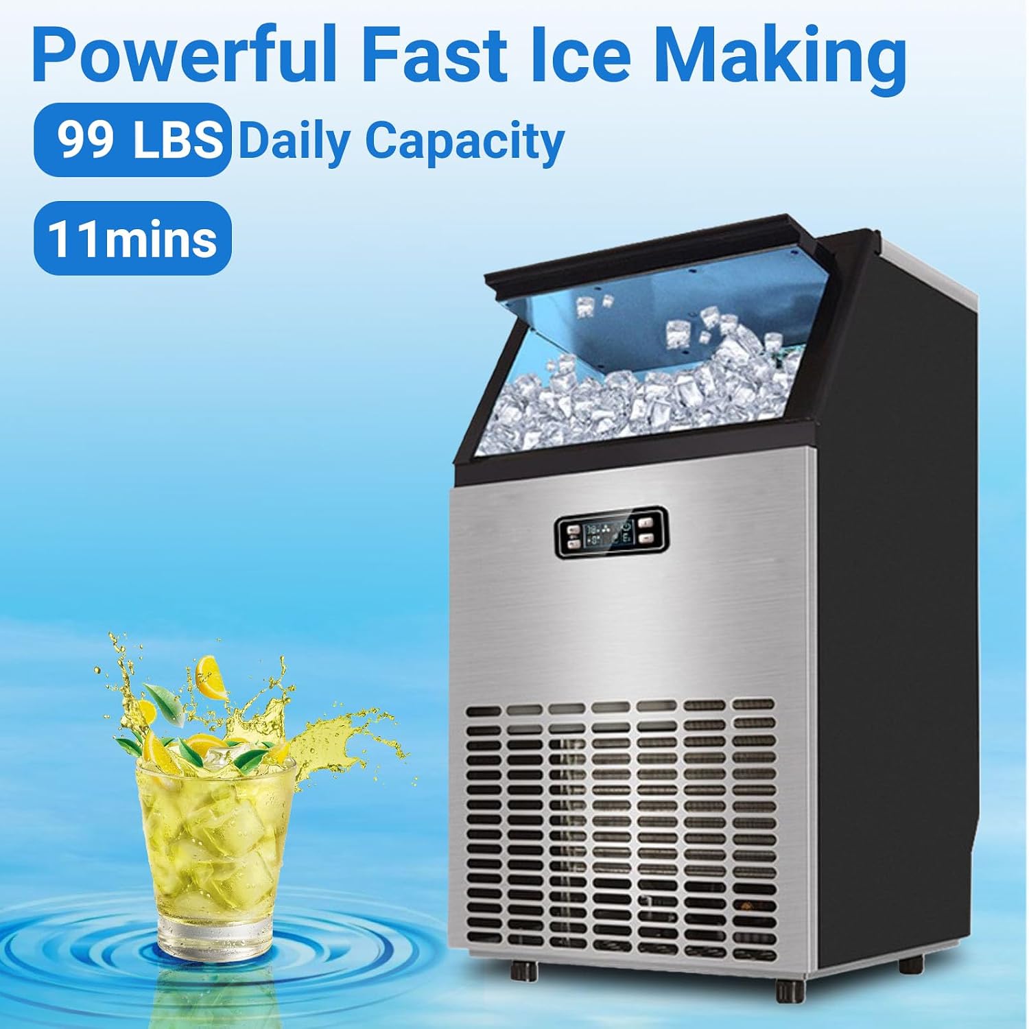 Commercial Ice Maker Machine, 100Lbs/24H Under Counter Ice Machine, Fast Ice Making with 33lbs Ice Storage Capacity, Freestanding Ice Maker, Stainless Steel