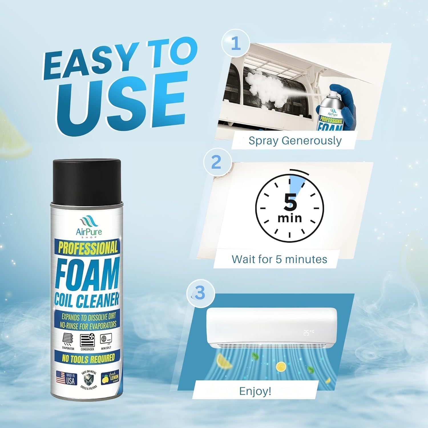 Foaming Coil Cleaner Spray, No Rinse for Evaporators, Expanding Foam for Condensers & Mini Splits, Fresh Lemon Scent, 18 oz (1)