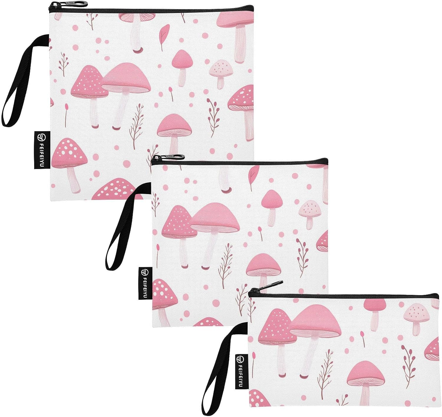 Reusable Sandwich and Snack Bags, Mushrooms Plants Pink for Adults or Lunch, Washable Fabric, Waterproof Cloth Zip Bag, Travel Pouch, Food-Safe Storage 3-pk