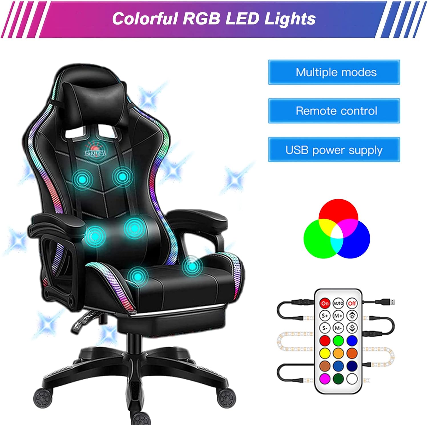 LED Gaming Chair with Speakers, Massage Computer Chair Ergonomic Racing Office Chair PU Leather Recliner Swivel Gamer Chair with Lumbar Support Headrest Armrest and Footrest,White
