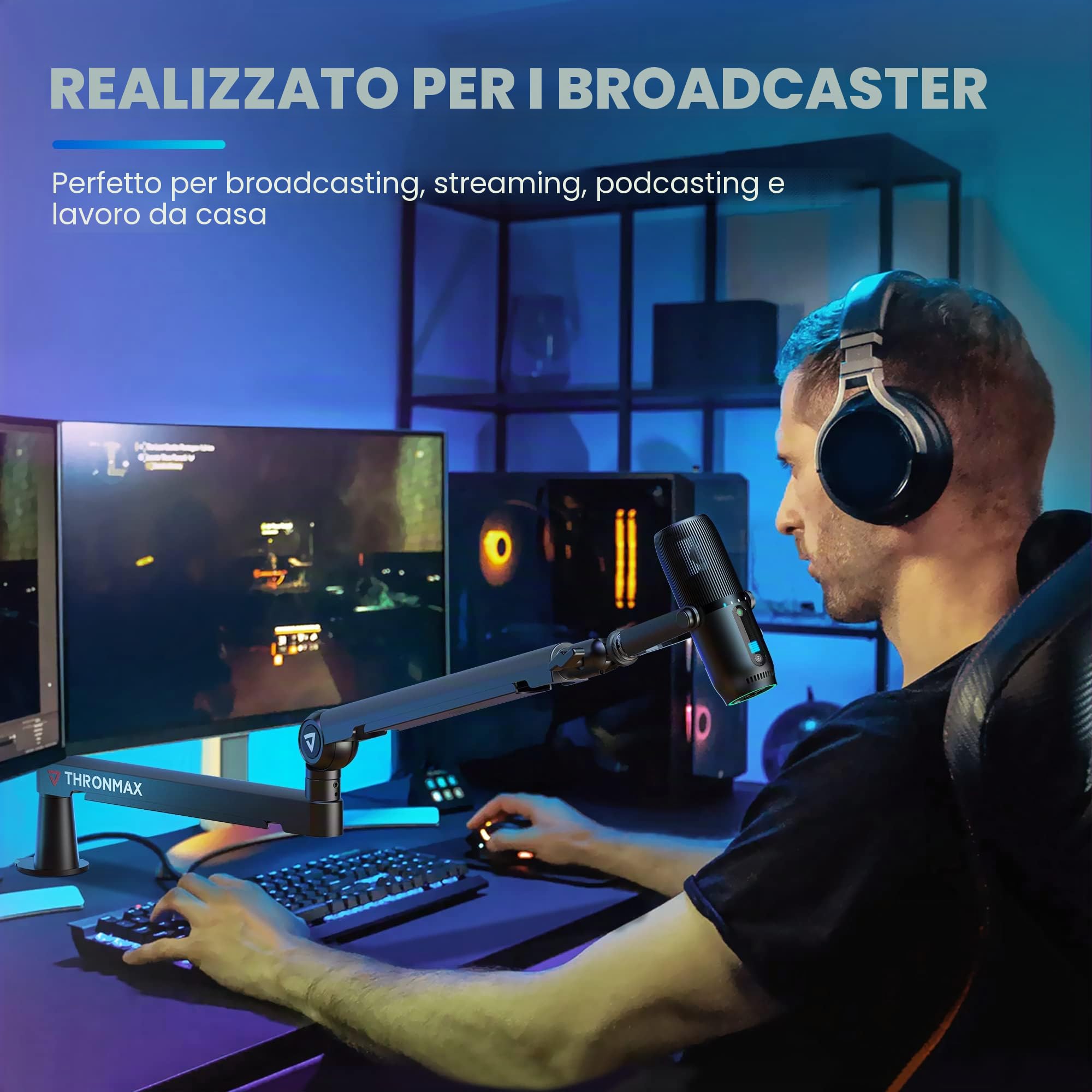 Thronmax S6 Braccio boom per microfono, supporto per microfono robusto pieghevole 360° per Podcast/Streaming/Gaming/Youtuber/Blue Yeti, 1/4" 3/8" 5/8" Universale in Acciaio inossidabile (Nero)