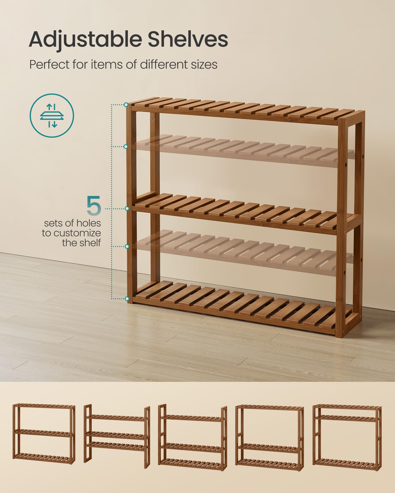 SONGMICS Mensola da bagno in bambù, 3 ripiani, regolabile, da parete o da appoggio, in soggiorno, balcone, cucina, 15 x 60 x 55 cm, marrone caffè UBCB013K01