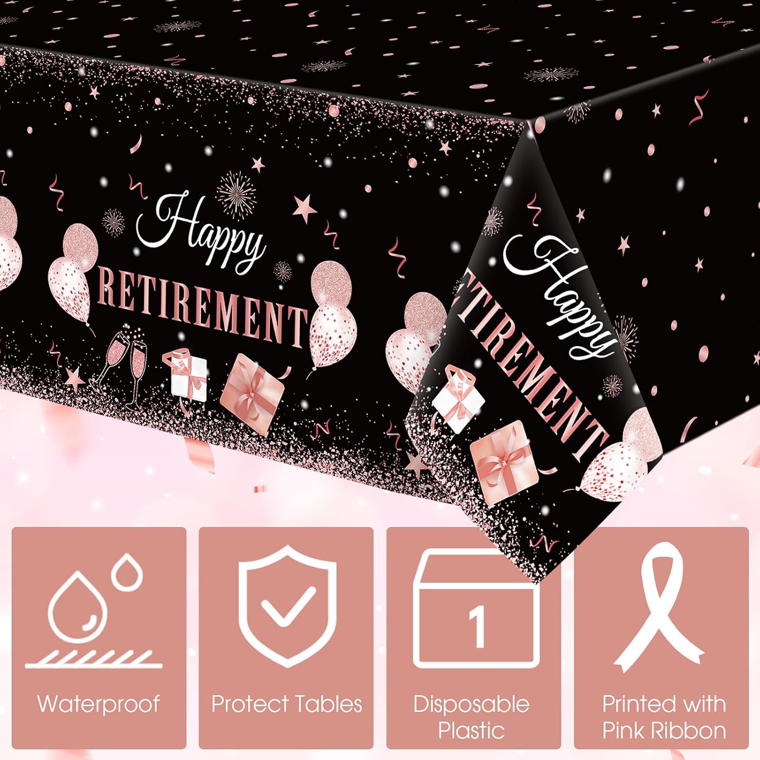 Ganeen 3 Pcs Retirement Party Decorations Happy Retirement Tablecloths Rose Gold Disposable Plastic Table Cover Waterproof Table Cloth for Men Women Coworker Say Goodbye Party Supplies, 54 x 108 Inch