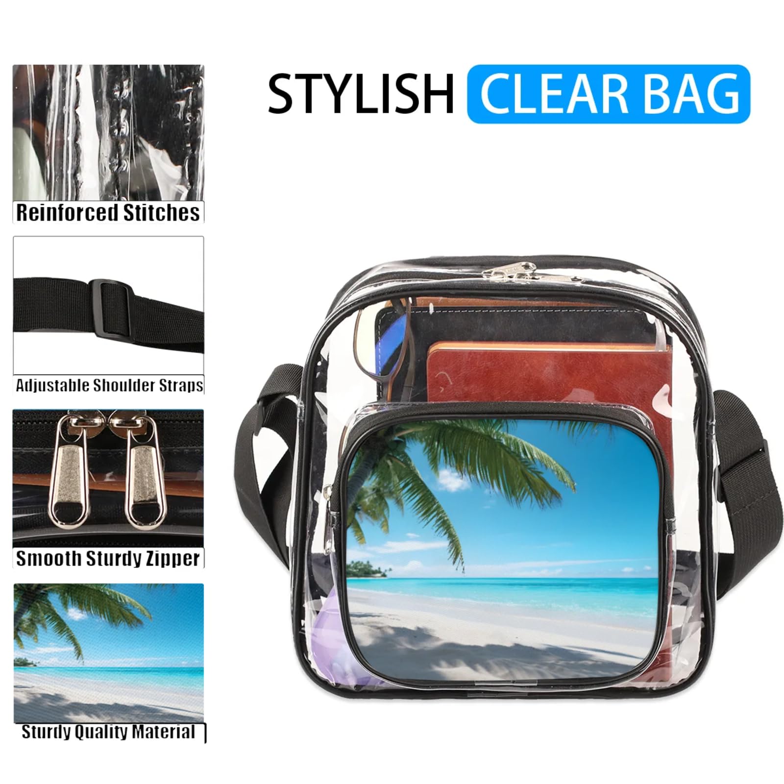Clear Crossbody Bag Stadium Approved Beach Seaside Transparent Bag for Festivals, Sports Events, Concerts,Beach Bag for Women Men Clear Purse with Front Pocket Messenger Bag with Adjustable Strap