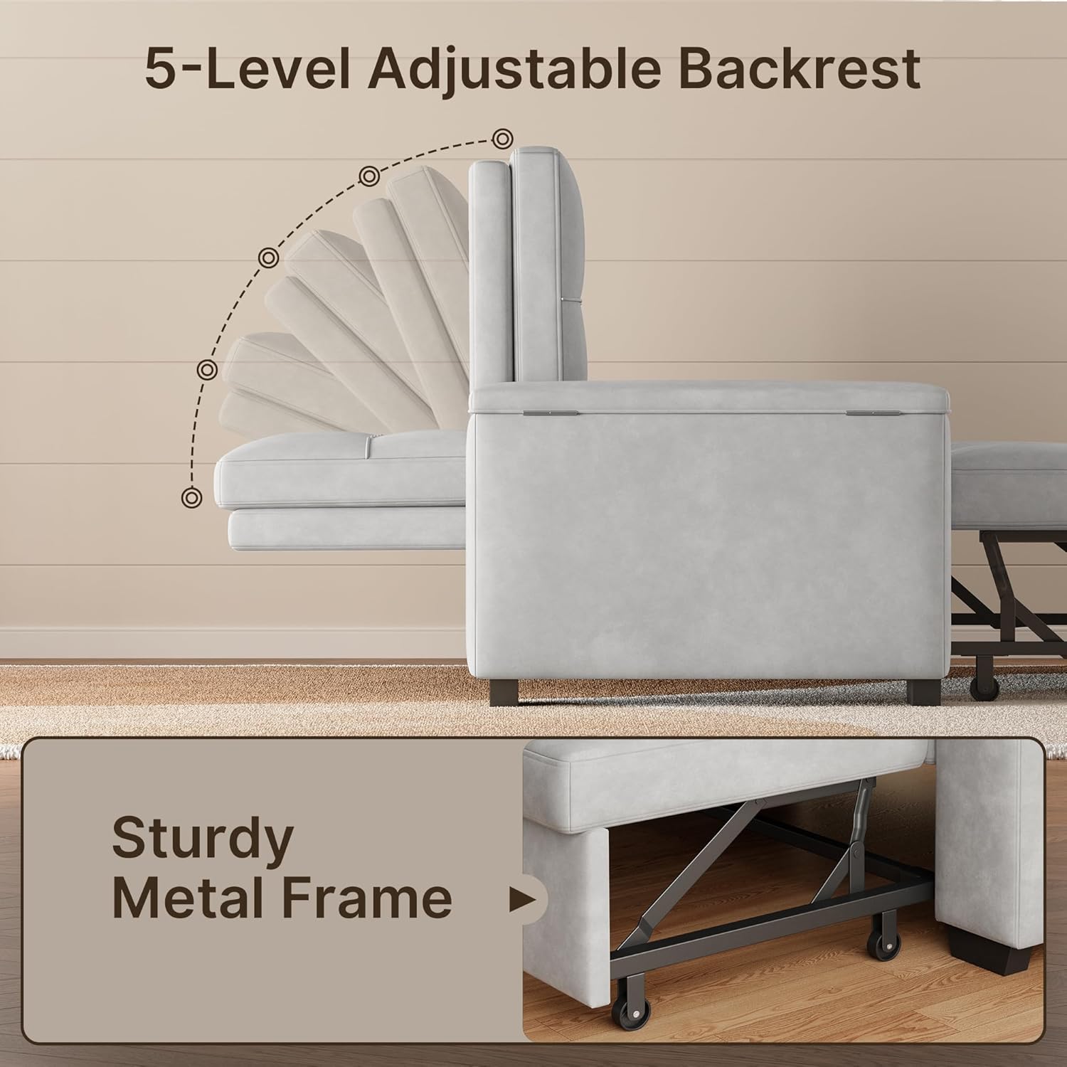 Close-up view of the Gizoon sofa bed's armrest with its hidden storage compartment open, showing a remote and a tablet inside.