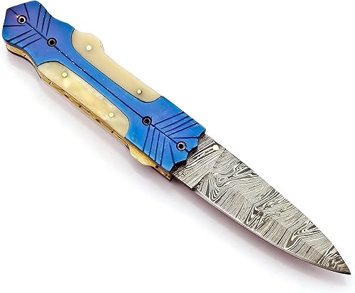 Miniatura 3 de Skokie Knives - Cuchillo de bolsillo plegable de acero de Damasco personalizado con mango de 8.0 pulgadas, color azul con hueso de camello, hoja