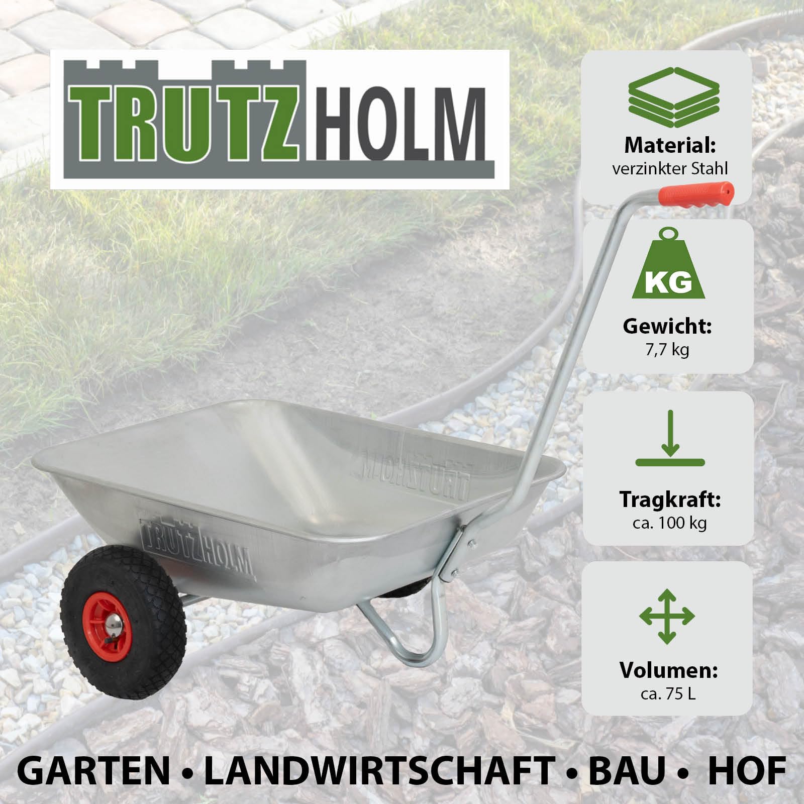 TRUTZHOLM Schubkarre Einhandkarre Friedhofskarre Pflanzkarre Gartenkarre Handwagen Traglast 100 kg Volumen 75 L mit Luft- oder Vollgummireifen (Luftreifen)