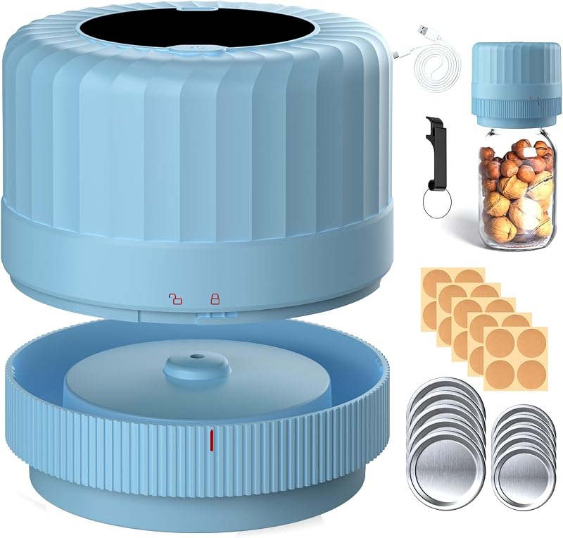 Sellador al vacío Mason Jar, sellado automático para tarros de boca regular y ancha | Preparación de comidas, almacenamiento de alimentos, operación con un solo toque, frascos de boca ancha y normal, batería de 1300 mAh, tapas reutilizables