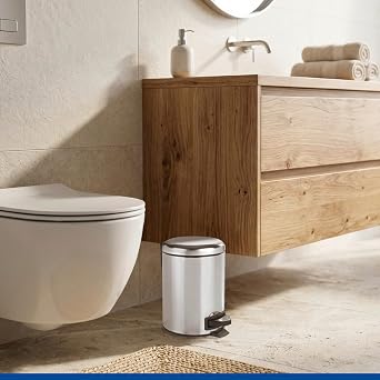 WENKO Basket, Small Trash Can with Lid and Pedal, Garbage Bin for Bathroom with Removable Inner Bucket, Stainless Steel, Shiny, 0.79 Gal, 9.84 x 8.86 x 6.69 in, 17 x 22.5 x 25 cm, Silver