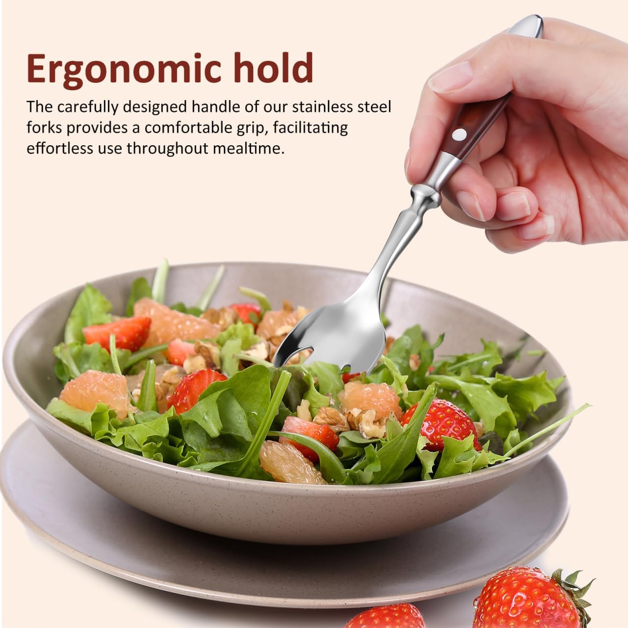 PRETYZOOM Salad Forks Metal Sporks Stainless Steel Wooden Handle Reusable Fruit Serving Forks Dinner Utensils