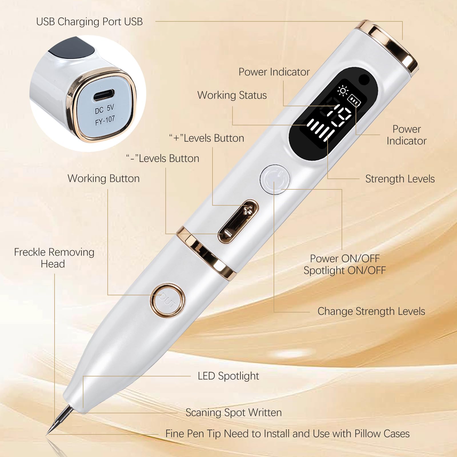 Enlèvement de Grains de Beauté Dissolvant Traitement Verrues Plasma Électrique Removal Pen avec 19 Niveaux de Puissance & LCD USB rechargeable pour Grains de Beauté, Verrues, Taches de Rousseur - 3