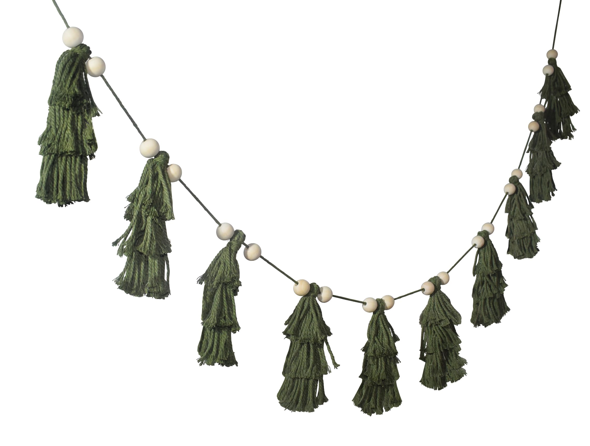 Boho Pastell Quaste Girlande Banner mit Holzperlen Grün Dritte Etage für Weihnachten Thanksgiving Dekoration Kinder Schlafzimmer Kinderzimmer Babyparty