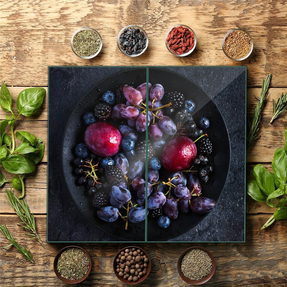 Herdabdeckplatte Abdeckung Ceranfeld Abdeckplatte Schneidebrett 2-Teilig 60x52 Früchte Beeren Violet Spritzschutz Glasplatte Ceranfeldabdeckung Herdschutz Sicherheitsglas Glasschneidebrett 2x30x52