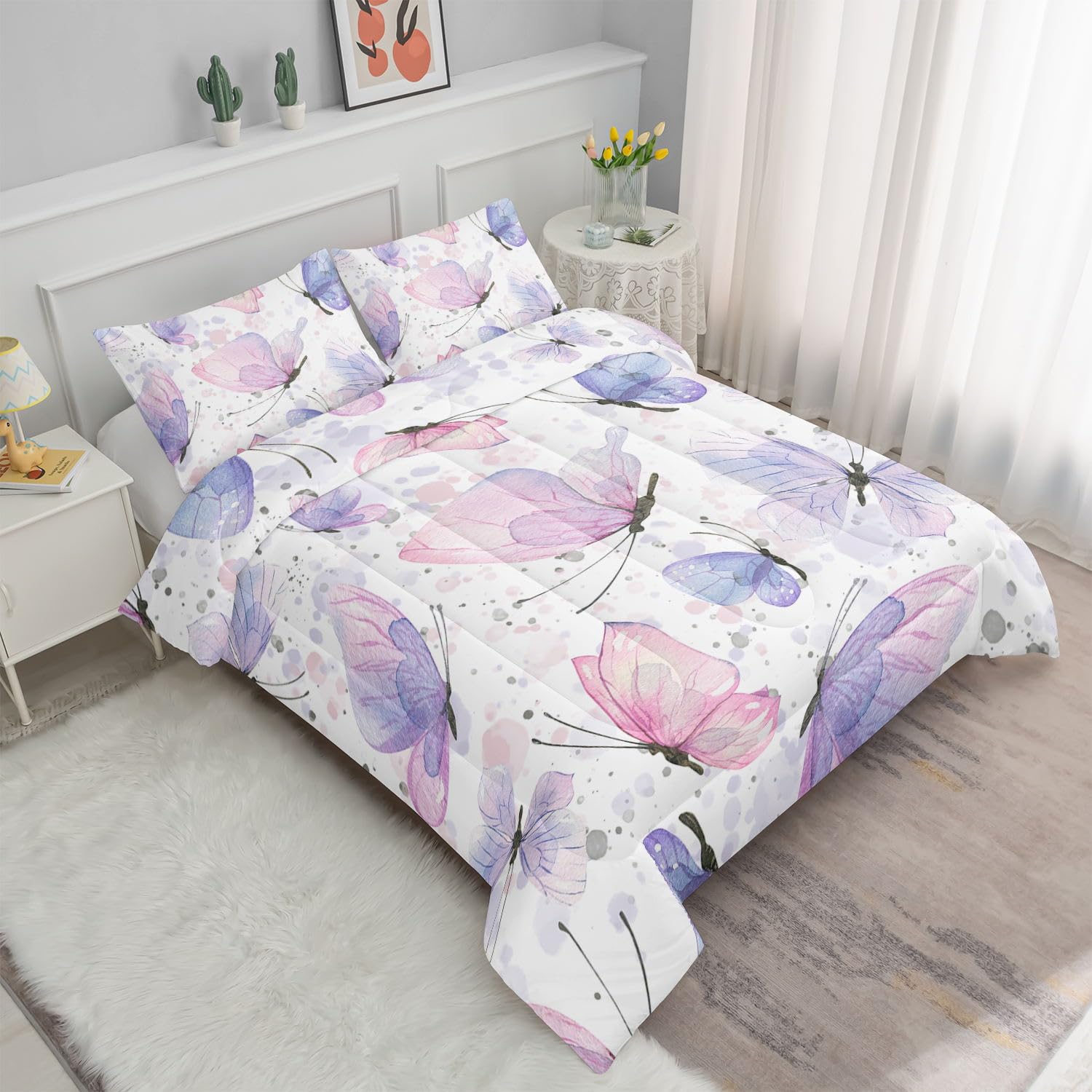 Smell Sunshine Kids Comforter Set Butterflies Printed Pattern Bedding Set with 1 Comforter and 2 Pillowcases for Girls Boys Bedroom All Season(Butterflies Twin)