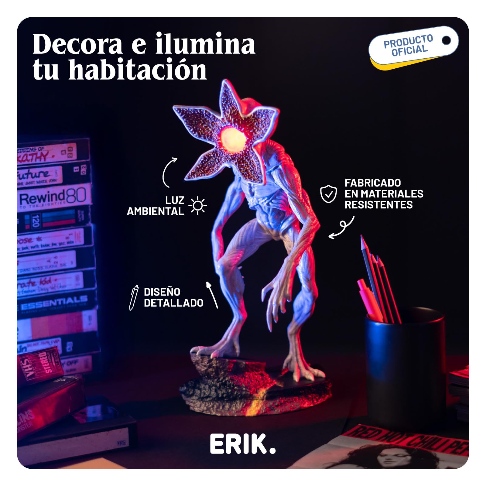Lampara Stranger Things Demogorgon figura - Lampara Escritorio Gaming o Mesita de noche Con Luz LED roja (USB o Bateria) Decoracion habitacion : Regalo Friki │ Stranger Things Merchandising (34x19 cm)