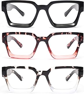 JM 3 Pack Square Oprah Style Reading Glasses for Women Men, Oversized Rectangle Spring Hinge Readers Blue Light Blocking +2.0