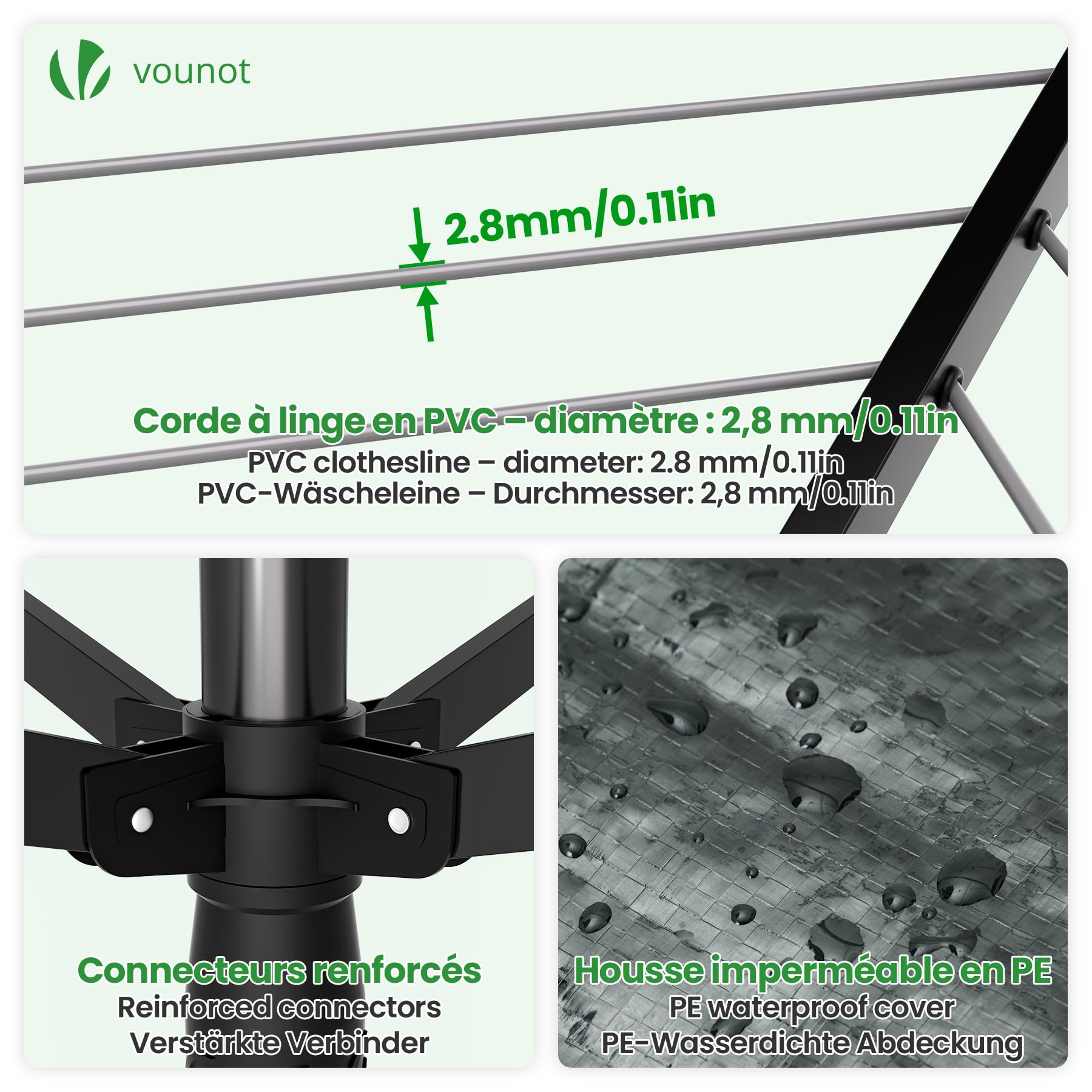 vounot® Etendoir à Linge Extérieur Rotatif 4 Bras Séchoir Parapluie Grande Surface D'Étendage 45M Séchoir à Linge avec Housse de Protection Piquet de Sol Noir Gris