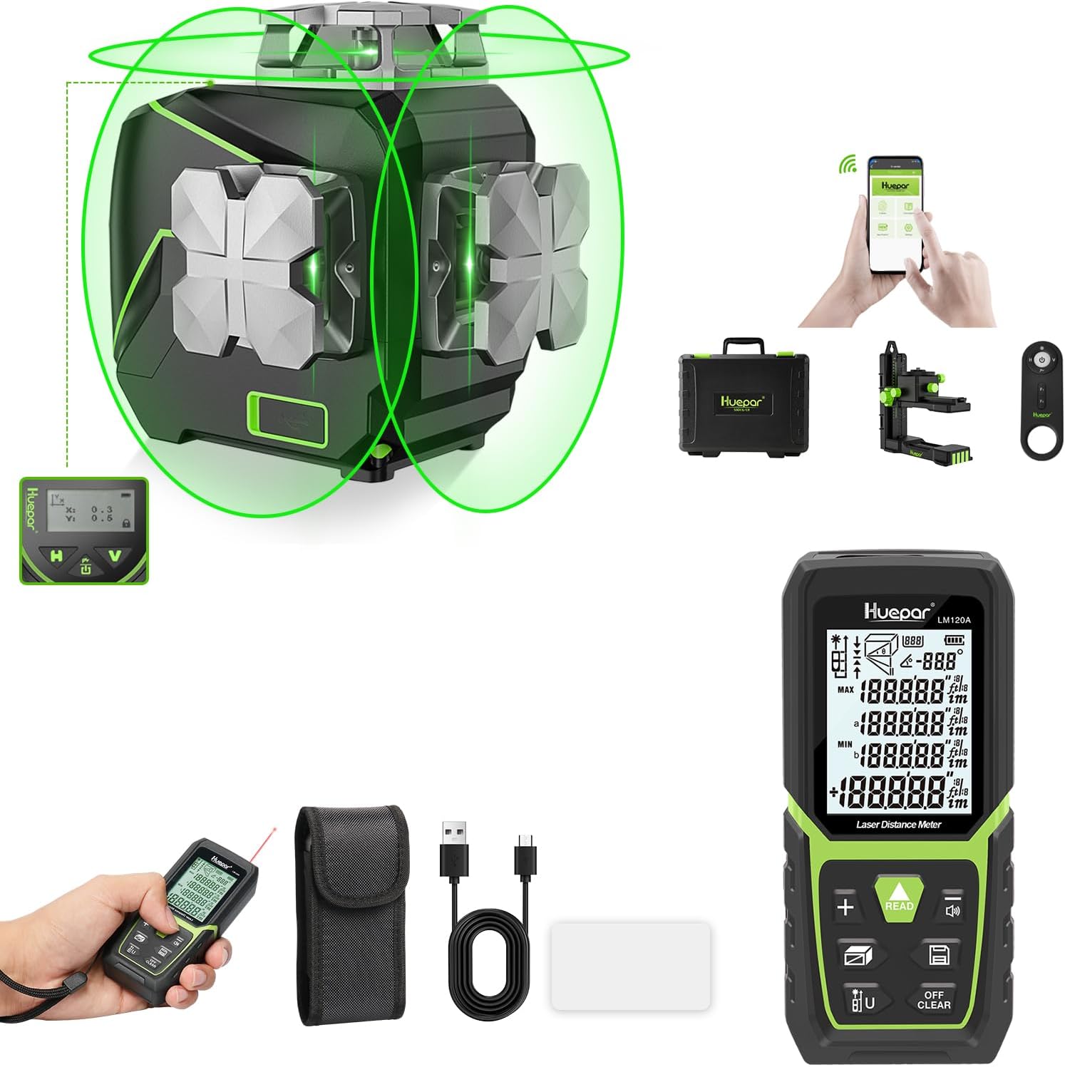 Huepar Laser Level 360 Self Leveling, 3x360° Green Cross Line Laser with LCD Screen and 393Ft Red Single Laser Distance Measure, 3D Bluetooth Pulse Mode Laser Tool - S03CG & LM120