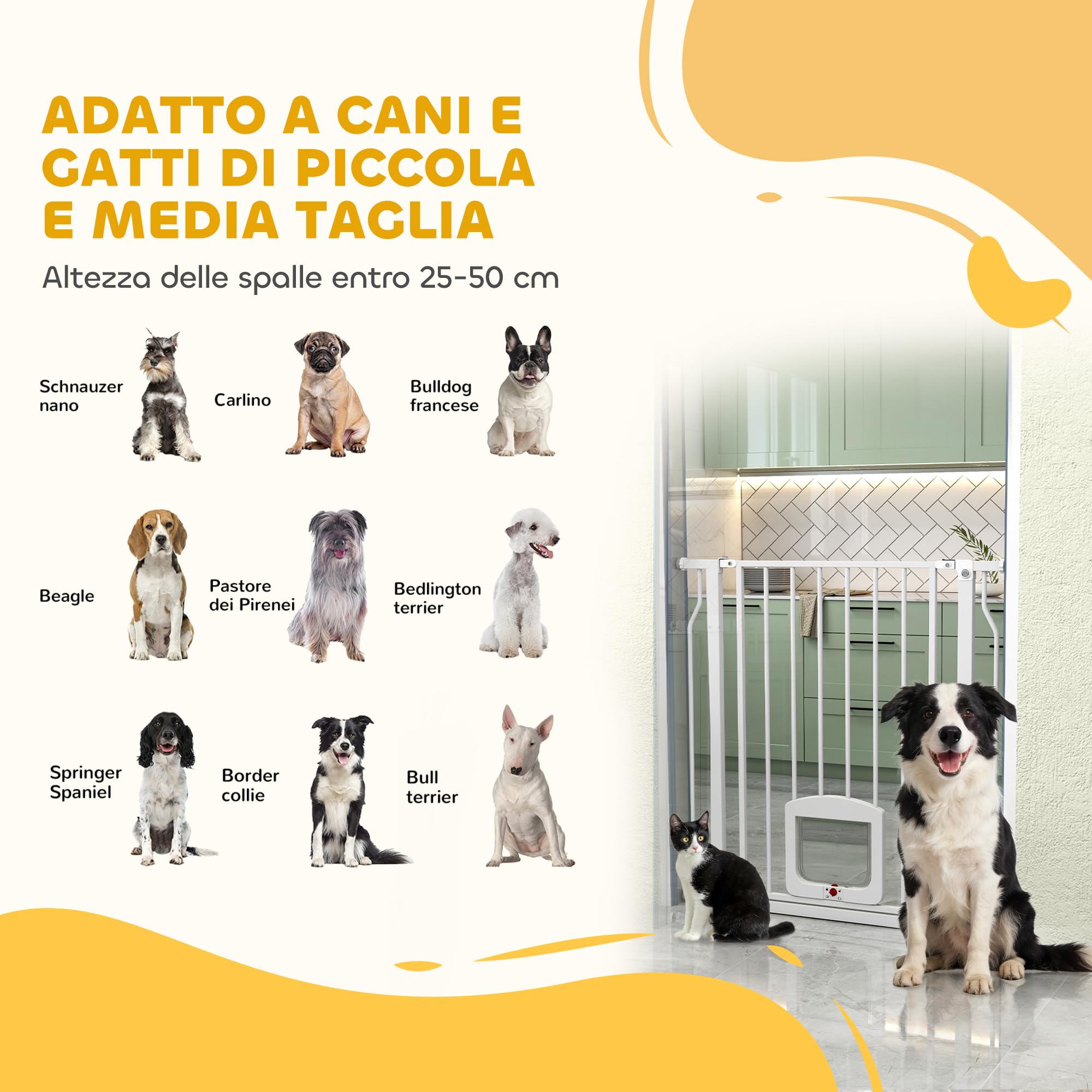 PawHut Cancello per Cani e Gatti Estensibile con Gattaiola Integrata, Cancellino per Cani in Acciaio e ABS, 75-85x2x76 cm, Bianco