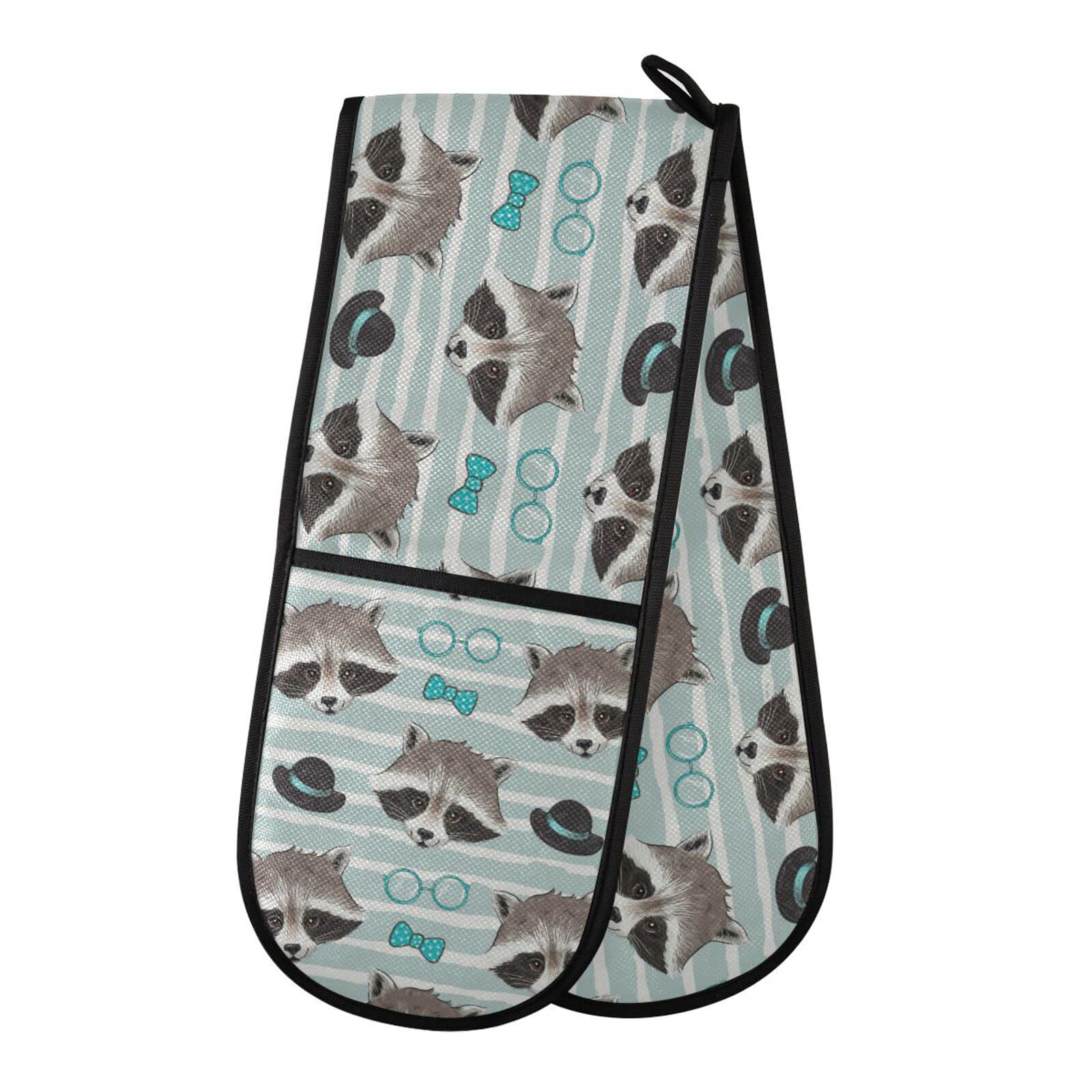 Double Oven Glove Cute Raccoon Pattern Heat Resistant Double Ovens Mitt Modern Cooking Gloves Potholders