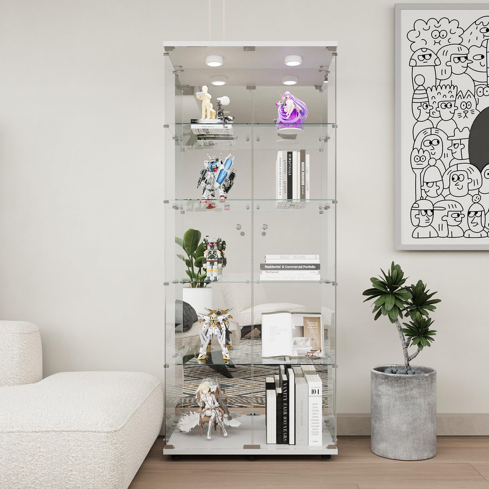 Beauty4U Glass Display Cabinet with LED Lights and Mirror, 5 Shelves with 2 Doors, Curio Cabinets for Living Room, Bedroom, Office, White Floor Standing Glass Bookshelf, Quick Installation