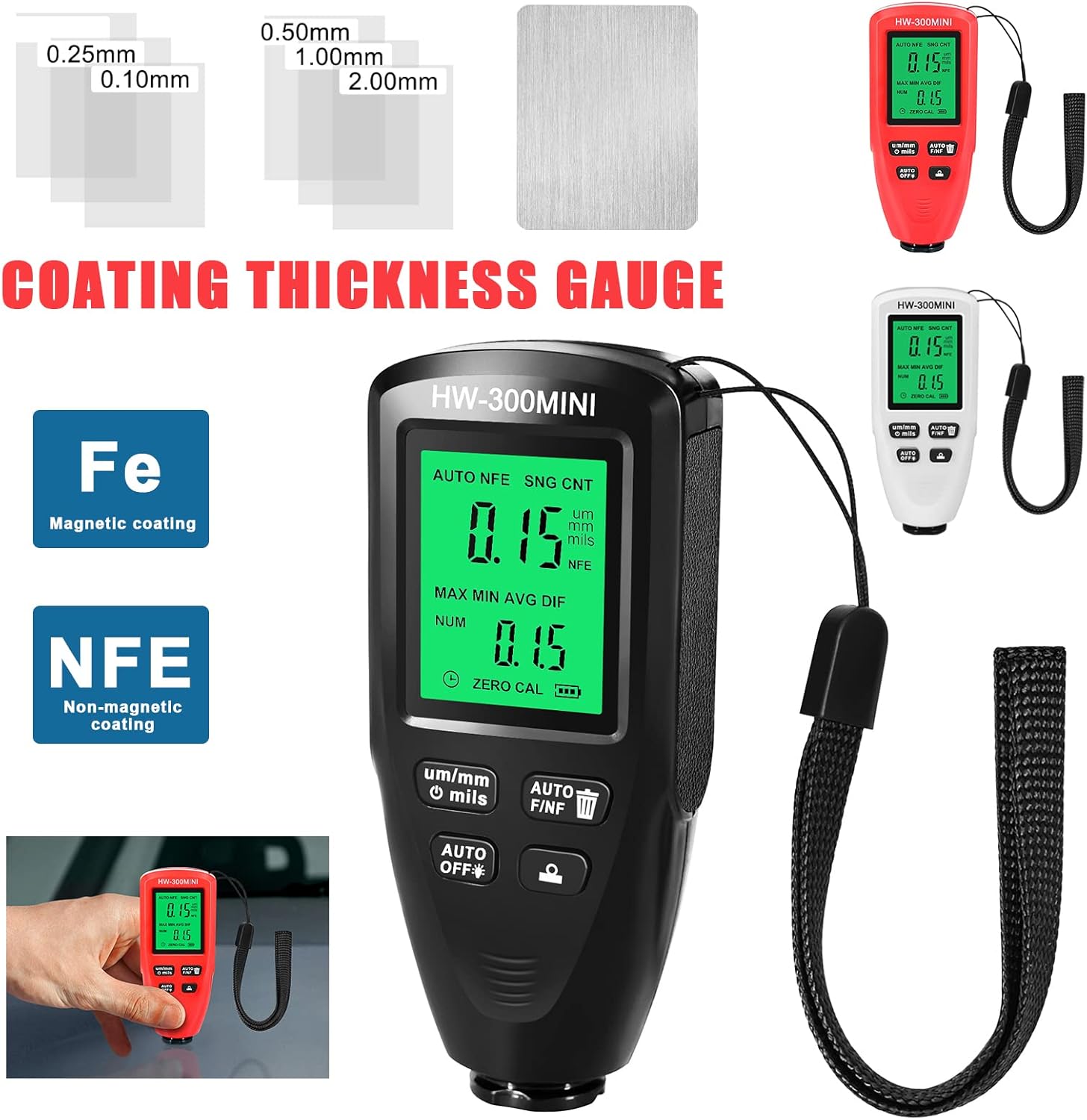 HW300-MINI Digital Coating Thickness Gauge with calibration films and substrate