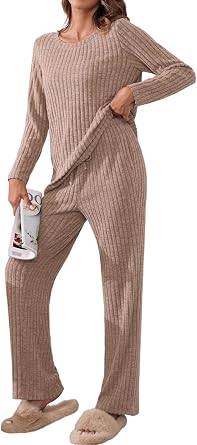 TIANZHU Womens Pajamas Set Casual Ribbed Tops Wide Leg Pants with Pockets 2 Piece Lounge Nightwear Size 8-26