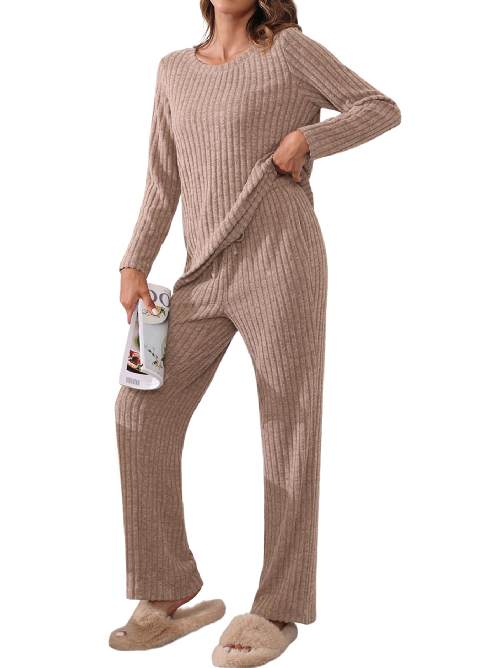 TIANZHU Damen Schlafanzug Set Casual Langarm gerippte Oberteile Weite Hosen mit Taschen 2 Stück Lounge Nachtwäsche S-2XL