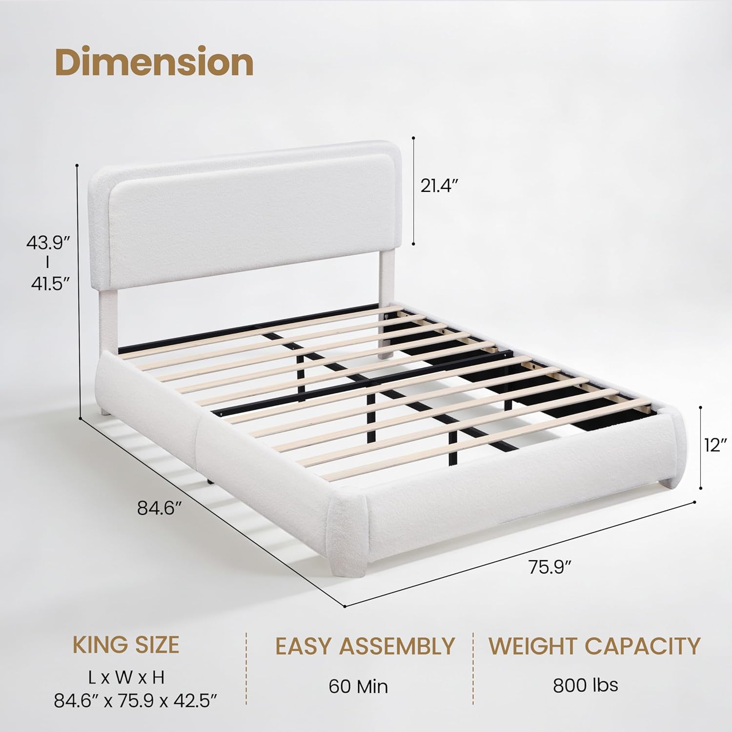 King Size Bed Frame with Adjustable Headboard, Modern Boucle Fabric Upholstered Cloud Platform Bed, Low to Floor, Soft Rounded Corners, No Box Spring Needed, Noise Free Easy Assembly, White