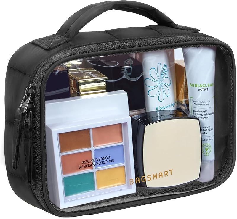Neceser transparente Puffy, aprobado por la TSA y de gran apertura, paquete de 1, negro | Bolsa de maquillaje de viaje con asa, bolsa de cosméticos con cremallera doble para mujer