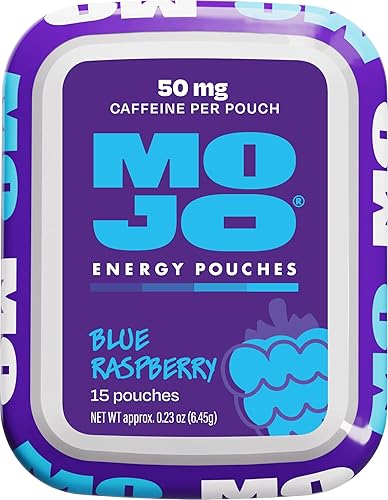 MOJO Energy Pouches sabor a frambuesa azul, 50 mg por bolsa de cafeína, 15 bolsas, paquete individual