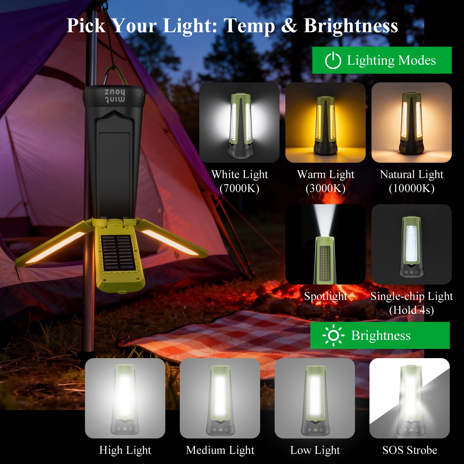 Minthouz Campinglampe Aufladbar mit Stativ, LED Camping Licht Akku & Solar, Tragbare Campingleuchte mit Fernbedienung, Magnetfuß, 5 Lichtmodi für Outdoor, Werkstatt & Notfall | 3 verstellbare Lichtköpfe, 5 Modi, 270°/180° Drehung, Camping Essentials Gear