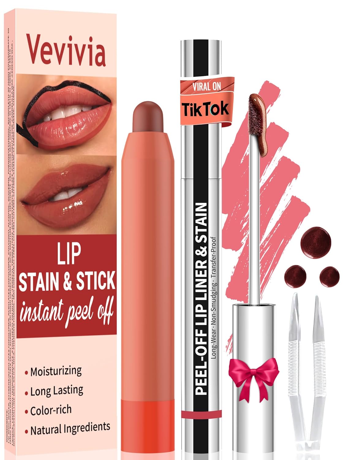 Vevivia Lip Stain Set – Peel Off Lip Stain and Lip Balm, Long Lasting Lip Liner Stain with Natural Finish, Moisturizing Lip Balm for Dry Lips, Hydrating Gloss, Waterproof, Smudge-proof, Nude Pink