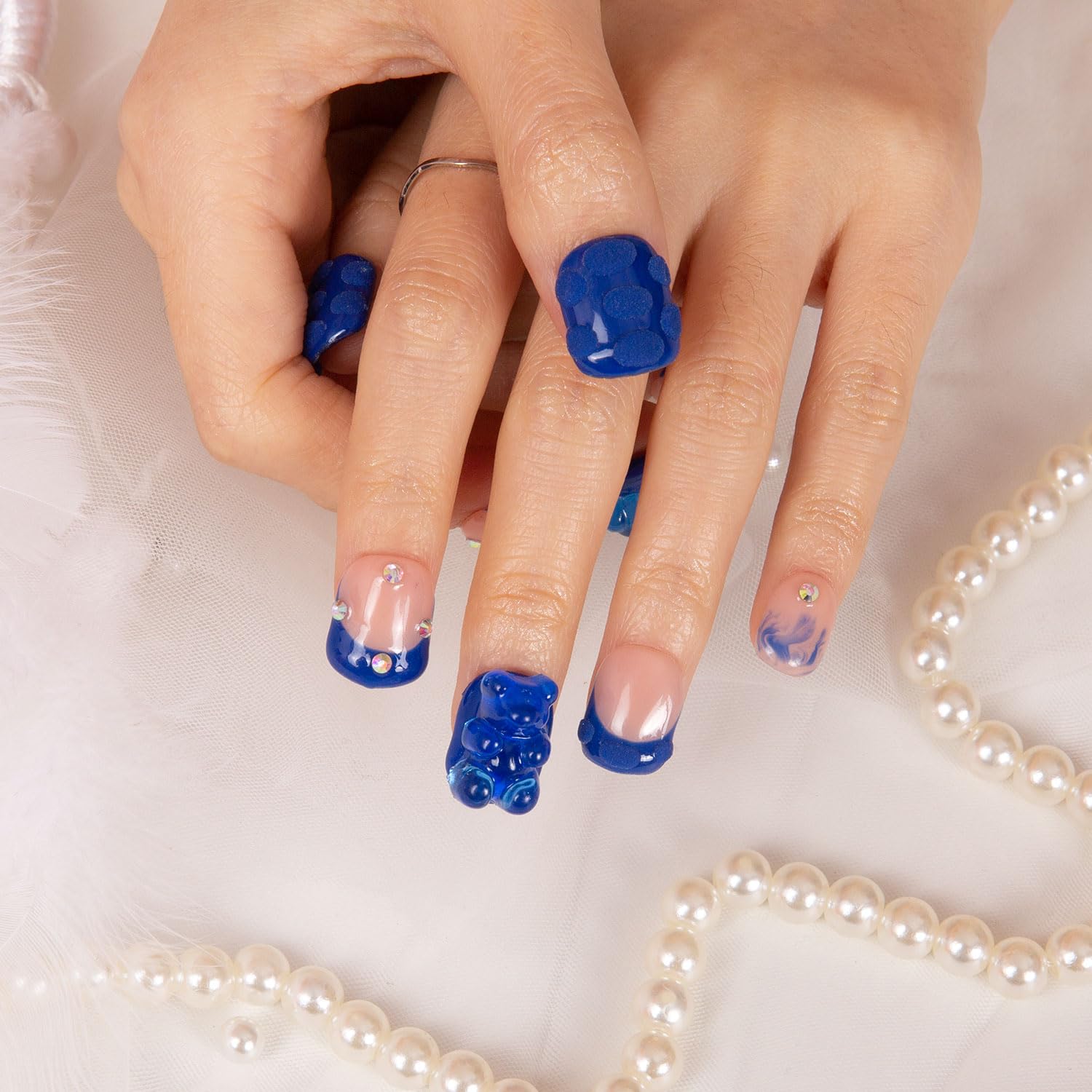 LOVFUL Press on Nails Little Blue Bear Blue French Tip| Handmade with Full Covered Crystals | Reusable Fake Nails | Square Short 0.8 in | H132-M
