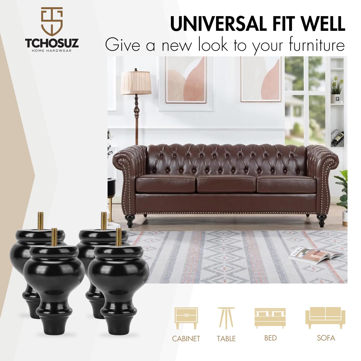 6 Inch Black Wooden Furniture Legs - Pack Of 4 Eucalyptus Bun Feet With M8 Hardware For Sofa & Cabinet Raising