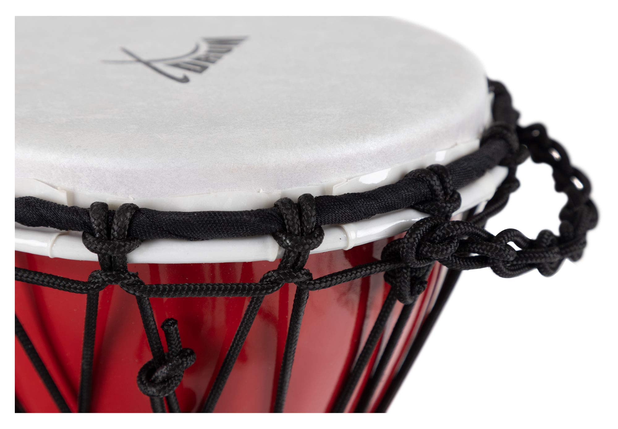 XDrum Djembe 7" rojo, Djembe estilo africano, Diámetro: 7" (18 cm) | Altura: 12" (31 cm), Fabricado en PVC, Sistema de afinación con cuerda, Parche de plástico con aspecto natural, Base de goma