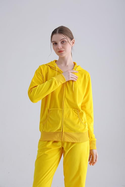 TanBridge Women's 2 Piece Solid Velvet Tracksuit Set Full Zip-up Hooded Sweatshirts & Pants Set