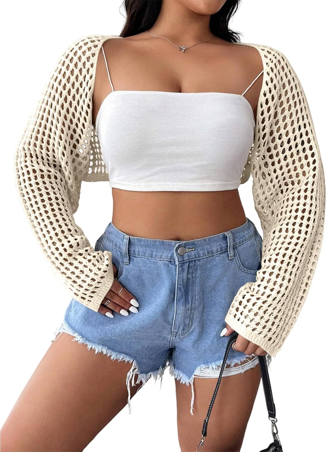 Women's Plus Size Shrug Cardigans Lightweight Crop Crochet Knit Long Sleeve Bolero Hollow Out Sweater