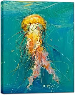 JZLDZS Coastal Wall Art Jellyfish Canvas Painting Print Turquoise Yellow Beach Bathroom Decor 16x12 Inch Framed Jelly Fish Sea Life Pictures for Bedroom Living Room