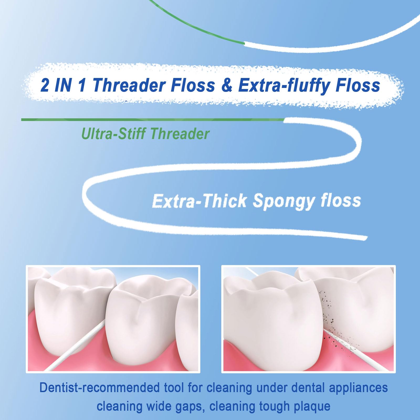840D Fluffy Floss Threaders, Deep Clean nić dentystyczna do aparatów ortodontycznych, mostów i implantów, super floss pre-Cut Strands i miętowy aromat, 100 nici (2 sztuki)