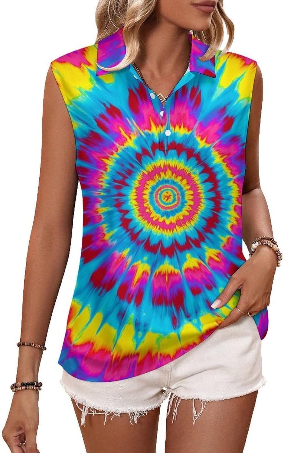 joo meryer Womens Button Down Golf Polo Shirts Colorful Tie Dye Sleeveless Tank Top XS-4X