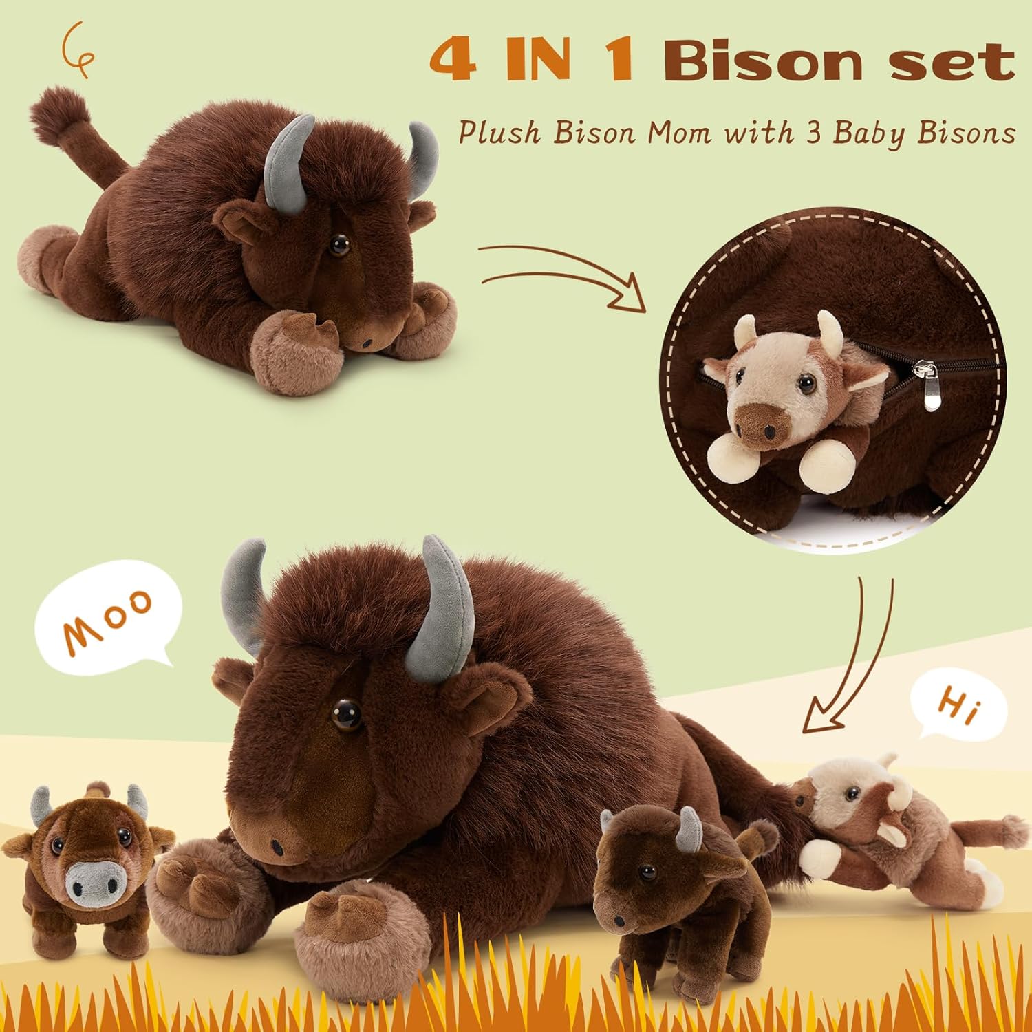 MorisMos 4Pcs Bison Stuffed Animal, 18inch Bison Mommy with 3 Baby Plush Toy, Soft Buffalo Wild Stuffed Animals Gift for Kids, Boys, Girls