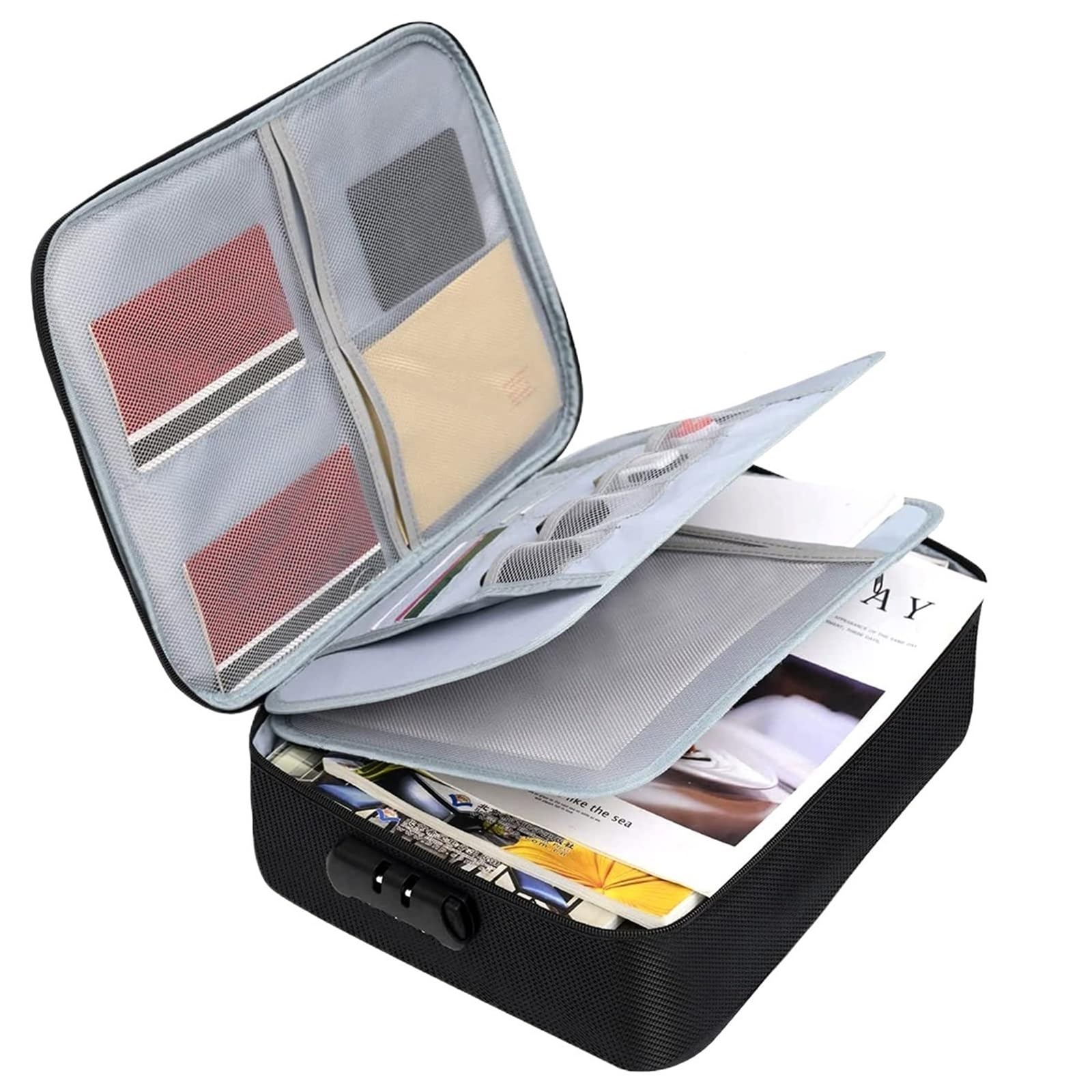Bolsa for pasaporte de documentos alta capacidad, Oxford 3/5 capas con cerradura, estuche organizador, gran espacio for carpetas A4, certificados Para Documentos(Black-3layers)