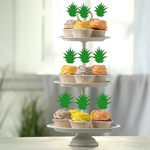 Miniatura 5 de 36 piezas de adornos para cupcakes de piña verde con purpurina verde para Luau despedida de soltera, fiesta de verano tropical, decoración de