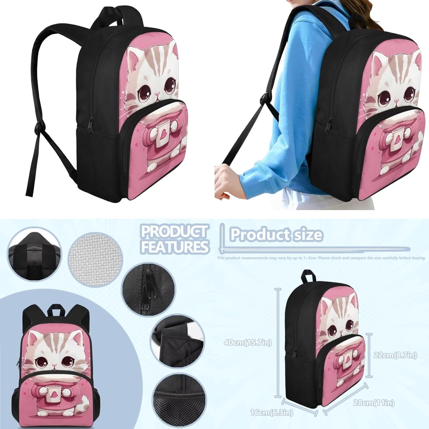 Kids Backpack Set with Water Bottle Pocket Funny Cat Backpack for Boys, Children Teens Backpacks for Middle School/Junior Kids/College Student Wide Opening Design Book Packs