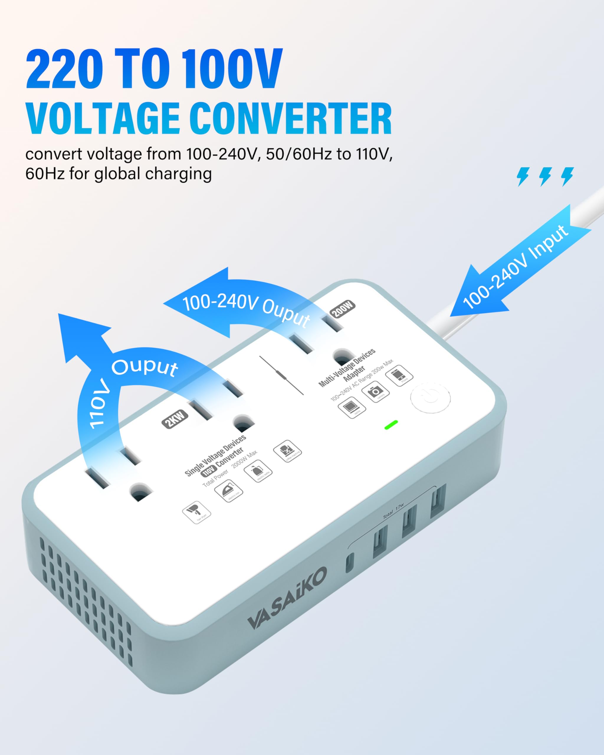 Convertidor de corriente de 220 V a 110 V de EE.UU. a Europa, 2000 W Max International Power Converter con 4 Carga USB, convertidor de energía para Europa con adaptador de enchufe