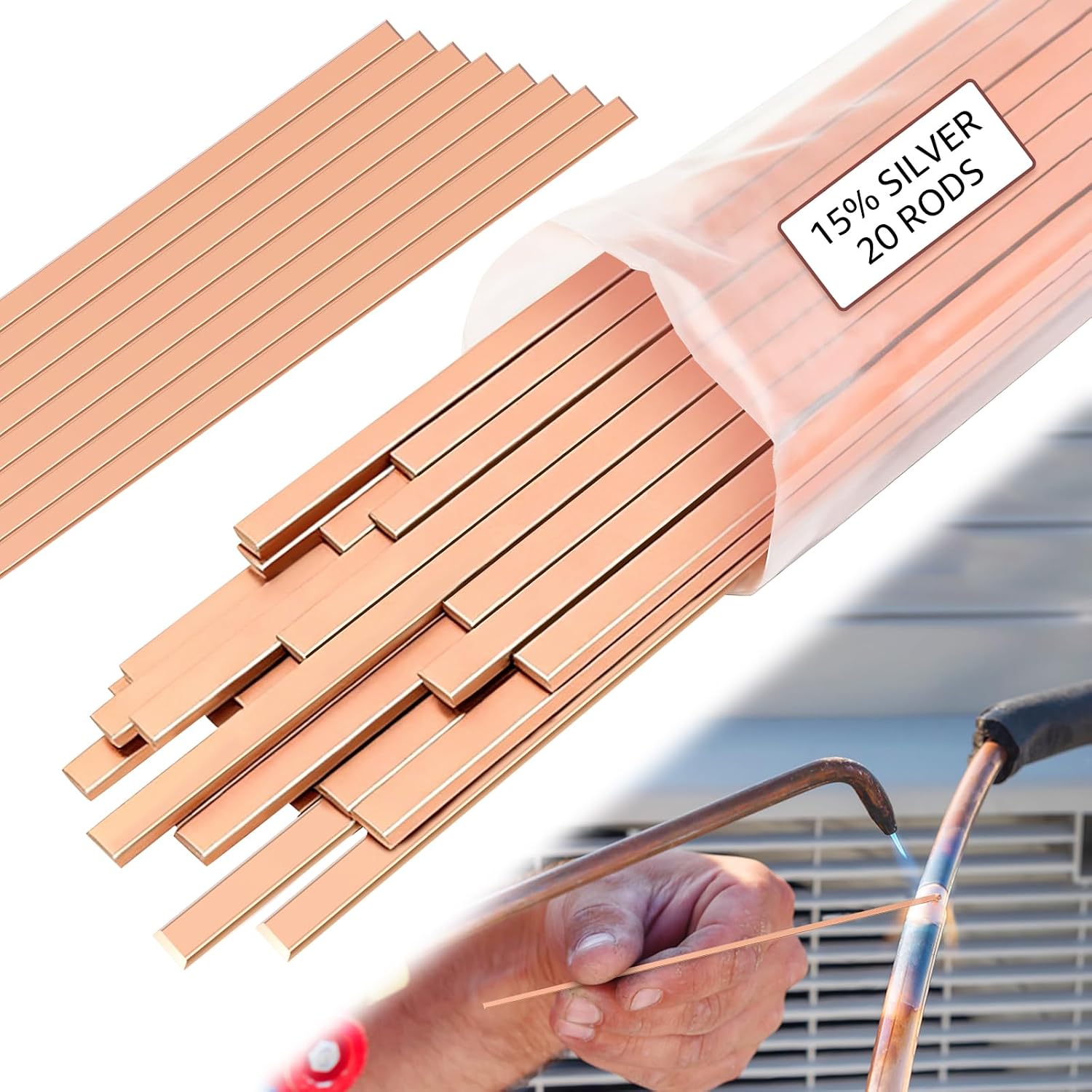 50 Sticks 15% Silver Brazing Rods AWS BCuP-5, High Thermal Conductivity Phos Copper Brazing Alloys Flat Welding Rods 0.05"x0.13"x9.85" for HVAC, Refrigeration, Air Conditioning, Cold Storage Equipment
