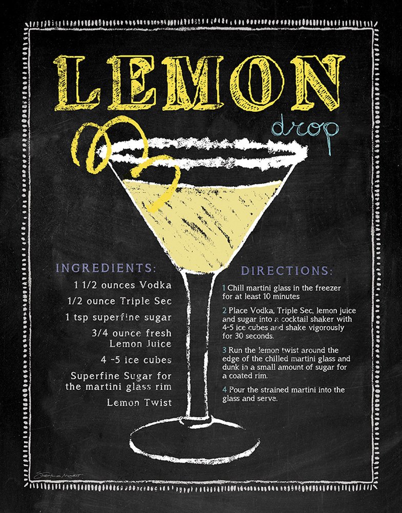 Set of 4 Lemon Drop Martini Cosmopolitan Appletini 11x14 Kitchen Chalk Bar Drinks Unframed Art Prints