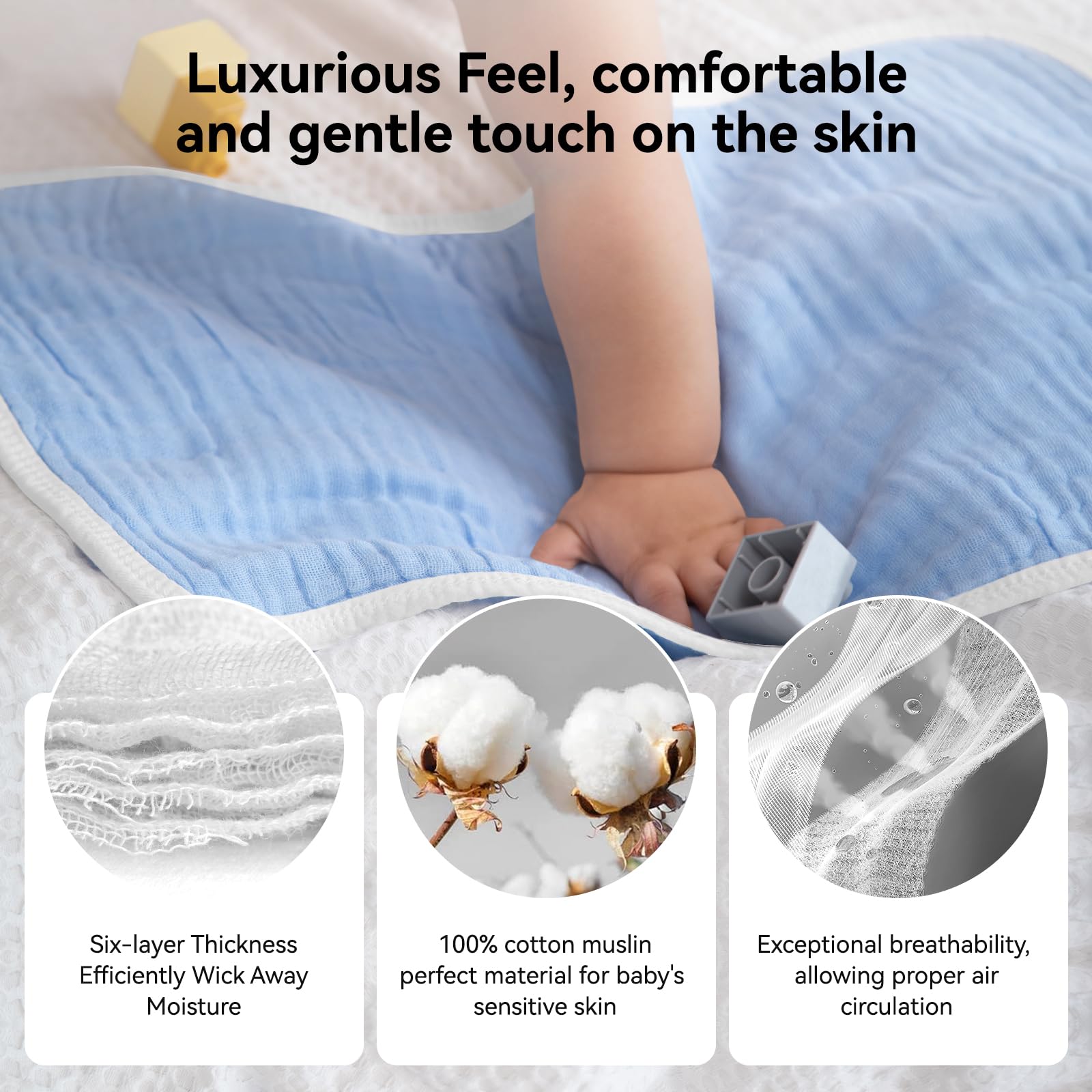 Synrroe Burp Cloths Large, Muslin Burp Cloths for Baby Girls and Boys, Pack of 10 Extra Absorbent and Soft Muslin Bibs, 6 Layers 20 by 10 Inches 100% Cotton (Blue Sets 10 Pack)